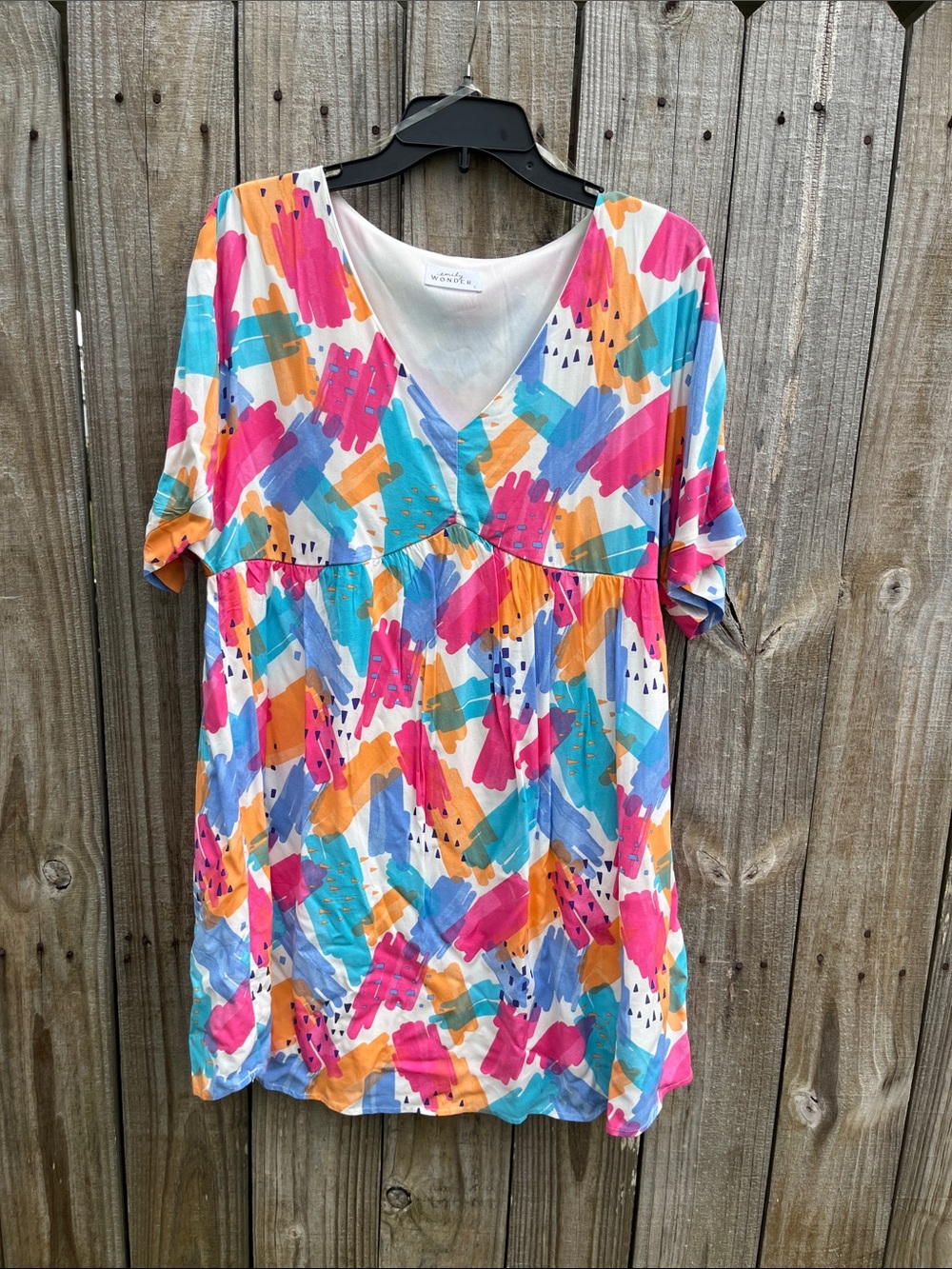 Women's V-Neck Tunic with Bright Abstract Brushstroke Print